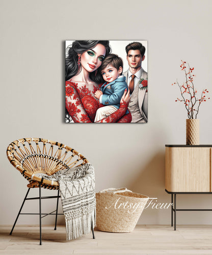 Framed canvas- ready to hang wall art print, colourful drawing abstract family portrait mother and son colourful drawing