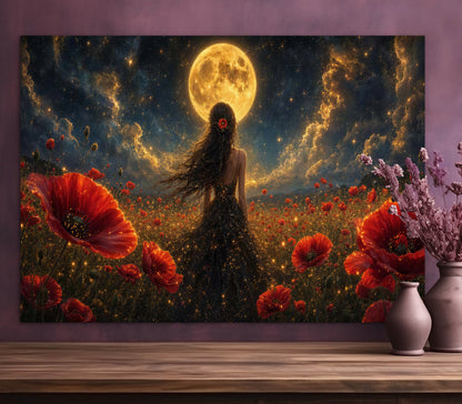 Framed Canvas - Vibrant Poppies Whimsical Full Moon Bride in Poppy Field, Wall Art Ready to hang Oil Painting Original Artwork Print Black Wedding Dress