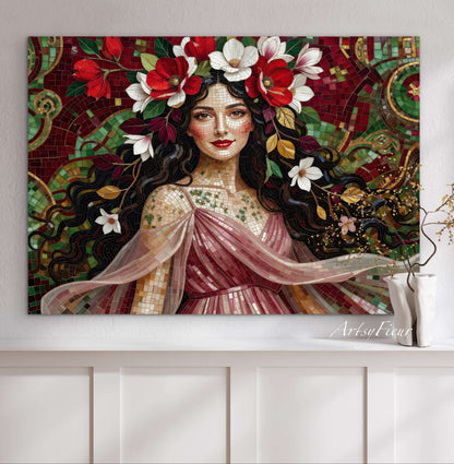 Framed Canvas- Vibrant Magnolia Flowers Beautiful Brunette Woman’s Abstract Portrait Mosaic Original Artwork Fantasy Wall Art Print Mother Nature