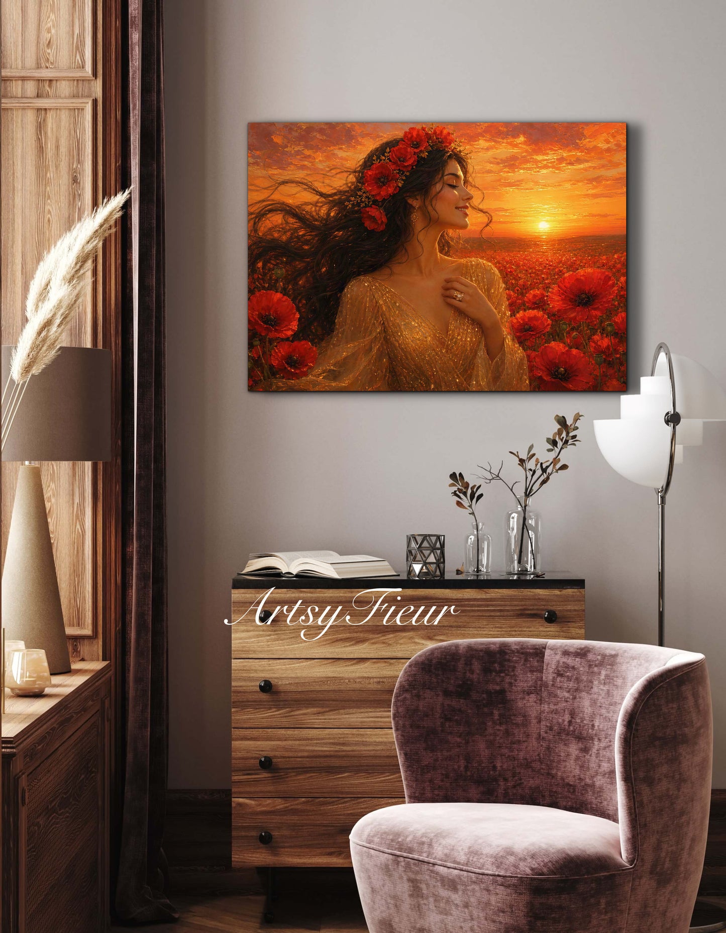 Framed Canvas - Vibrant Poppies Whimsical Full Moon Bride in Poppy Field, Wall Art Ready to hang Oil Painting Original Artwork Print