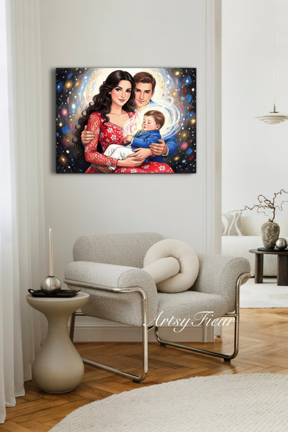 Framed Canvas- Vibrant Mother and Son Dad Family Portrait Fantasy Drawing Wall Art Print