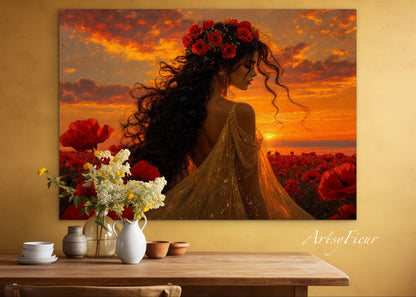 Framed Canvas - Vibrant Poppies Whimsical Full Moon Bride in Poppy Field, Wall Art Ready to hang Oil Painting Original Artwork Print