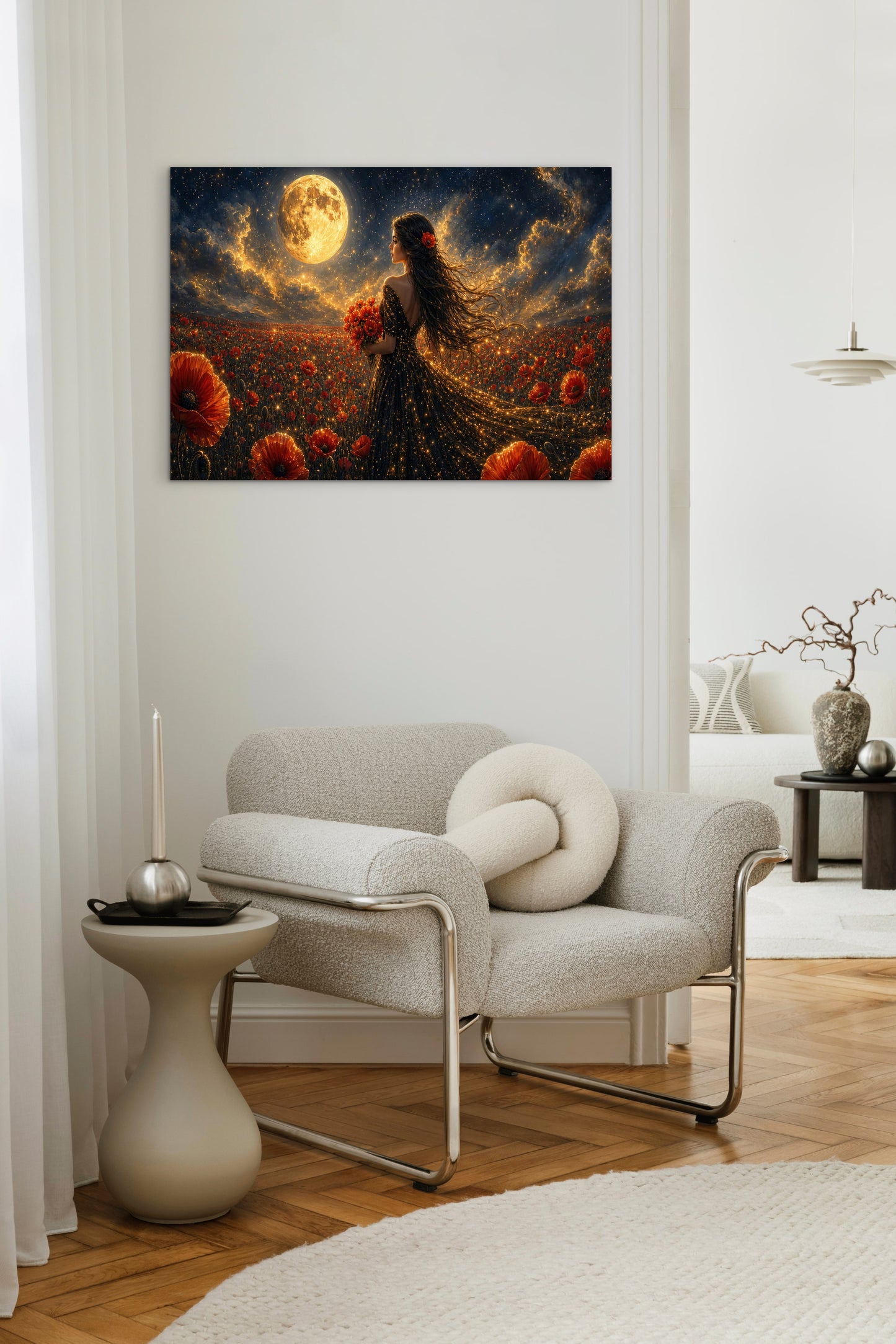 Framed Canvas - Vibrant Poppies Whimsical Full Moon Bride in Poppy Field, Wall Art Ready to hang Oil Painting Original Artwork Print Black Wedding Dress