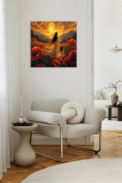 Framed Canvas- Vibrant Poppies Field Bride Mother and Daughter Portrait Whimsical Full Moon Sunset Fantasy Oil Painting Wall Art Print