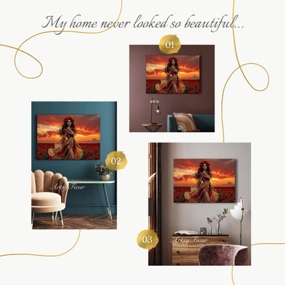 Framed Canvas - Vibrant Poppies Whimsical Sunset Beautiful Brunette in Poppy Field, Wall Art Ready to hang Oil Painting Original Artwork Print
