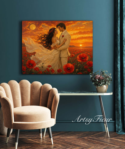Framed canvas- whimsical full moon sunset bride and groom, wedding, poppy field, vibrant colours living room original artwork, fantasy oil painting wall art print