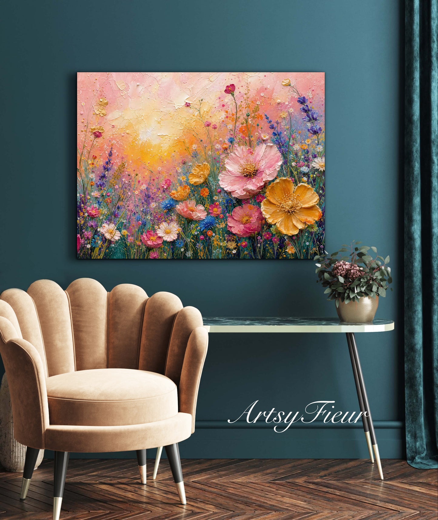 Framed Canvas Print- Vibrant Wildflowers Oil Painting Textured Wall Art , Beautiful Original Artwork Ready to Hang Living Room, Floral