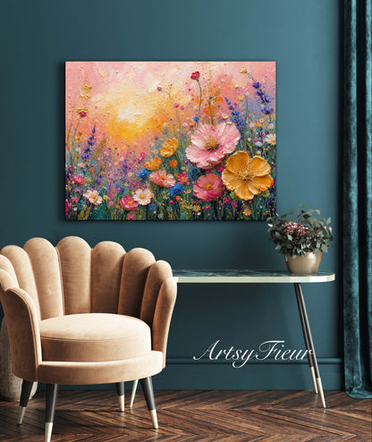 Framed Canvas Print- Vibrant Wildflowers Oil Painting Textured Wall Art , Beautiful Original Artwork Ready to Hang Living Room, Floral