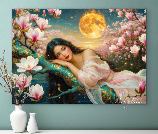 Framed Canvas- Vibrant Magnolia Flowers Beautiful Brunette Woman’s Abstract Portrait Original Artwork Fantasy Wall Art Print