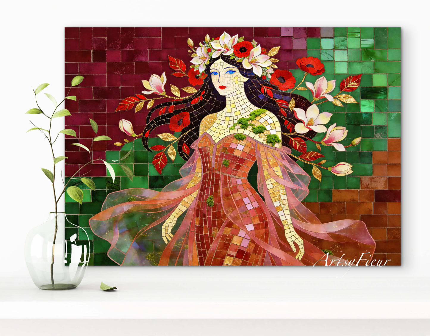 Framed Canvas- Vibrant Magnolia Flowers Beautiful Brunette Woman’s Abstract Portrait Mosaic Original Artwork Fantasy Wall Art Print Mother Nature