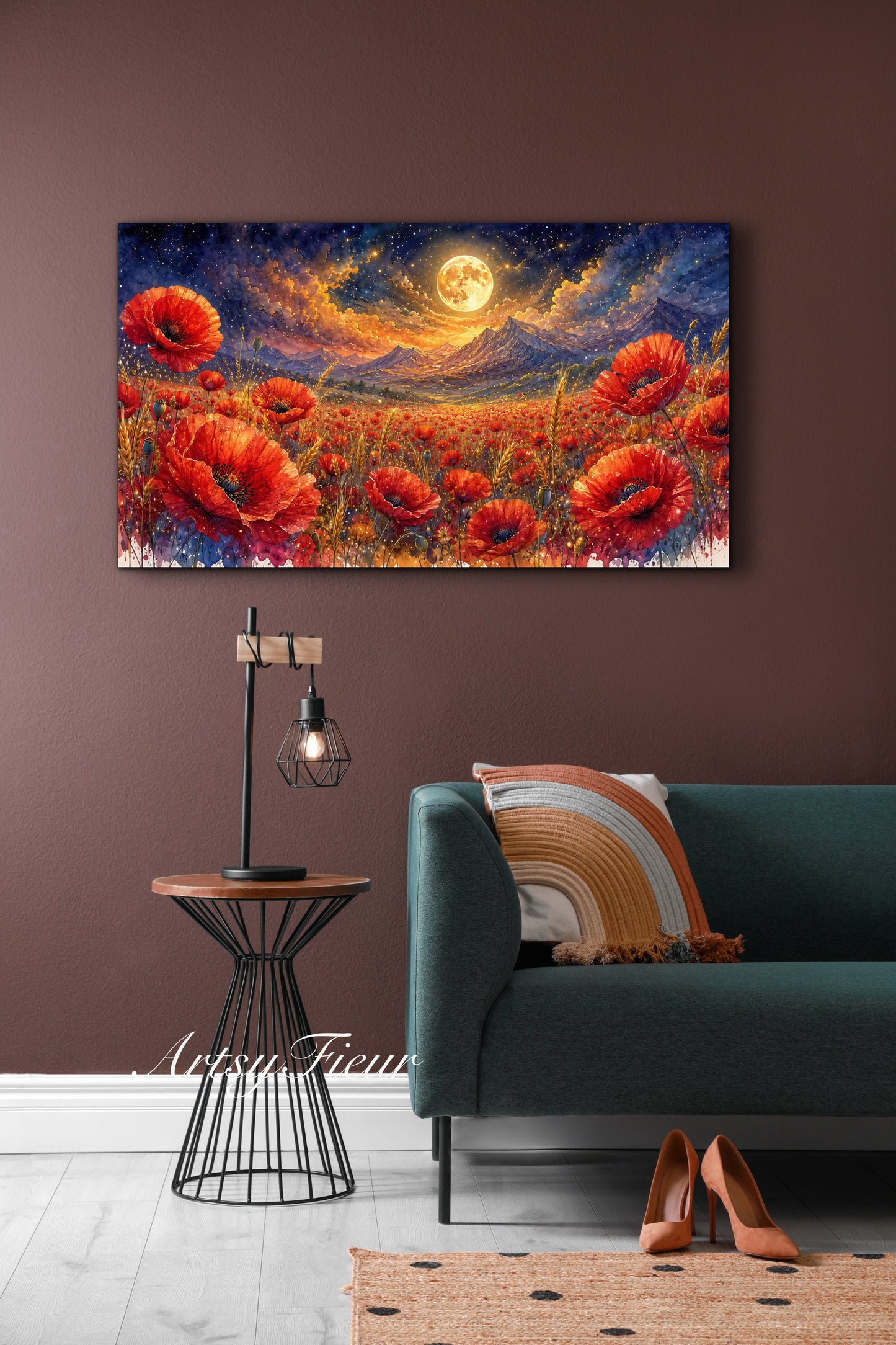 ArtsyFieur Framed Canvas - vibrant poppies whimsical lights full moon living room colourful wall art