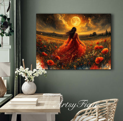 Framed Canvas - Vibrant poppies and wildflowers Whimsical Full Moon starry night sky Bride in Poppy Field, Wall Art Ready to hang original Artwork Print Red Dress