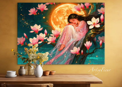 Framed Canvas- Vibrant Magnolia Flowers Beautiful Brunette Asian Woman’s Abstract Portrait Original Artwork Fantasy Wall Art Print