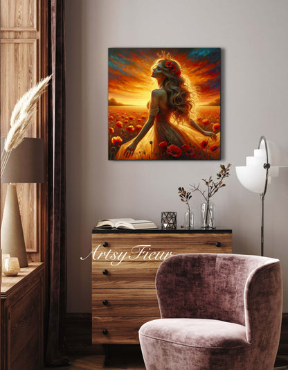 Framed canvas- Original Artwork Vibrant Poppies watercolour floral painting beautiful blondewoman ready to hang wall art print, abstract portrait colourful painting for living room