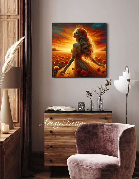 Framed canvas- Original Artwork Vibrant Poppies watercolour floral painting beautiful blondewoman ready to hang wall art print, abstract portrait colourful painting for living room
