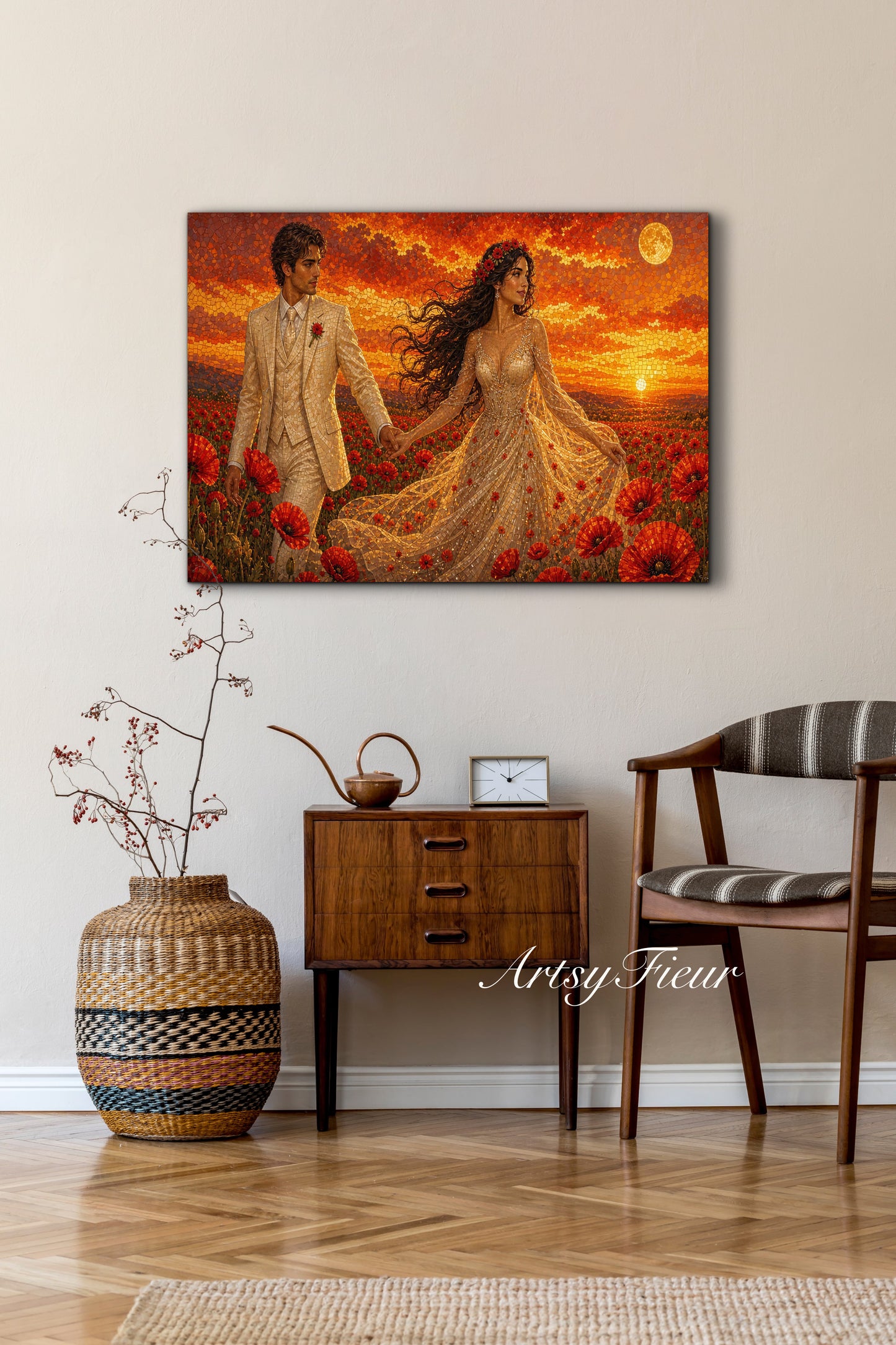 Framed canvas- whimsical full moon sunset -bride and groom, wedding, fantasy oil painting wall art print