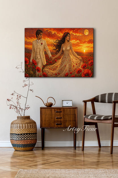 Framed canvas- whimsical full moon sunset -bride and groom, wedding, fantasy oil painting wall art print