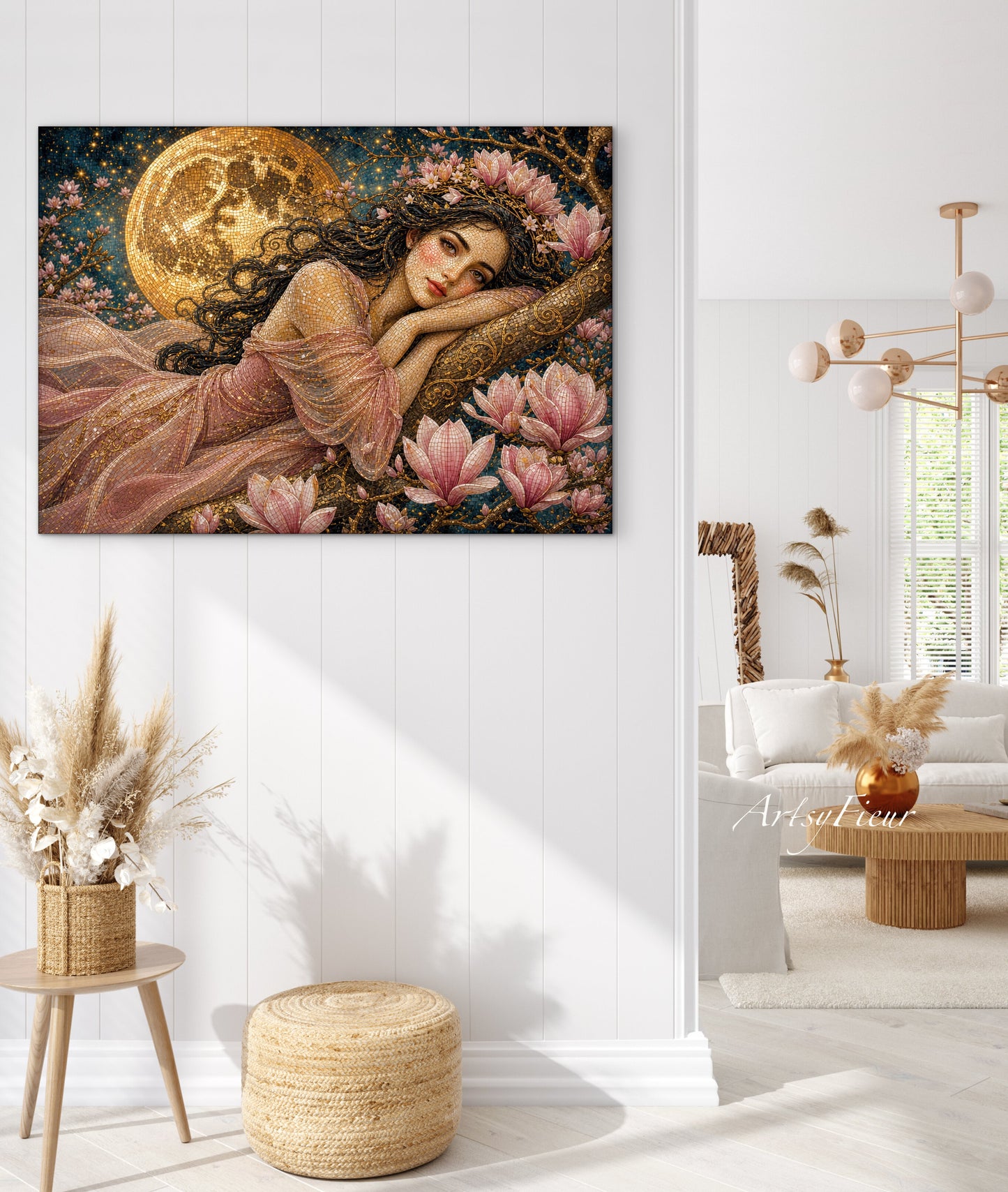 Framed Canvas- Vibrant Magnolia Flowers Beautiful Brunette Woman’s Abstract Portrait Mosaic Original Artwork Fantasy Wall Art Print