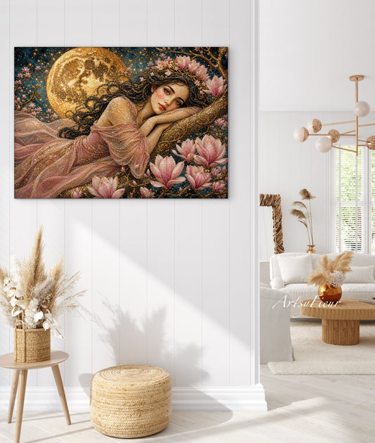 Framed Canvas- Vibrant Magnolia Flowers Beautiful Brunette Woman’s Abstract Portrait Mosaic Original Artwork Fantasy Wall Art Print