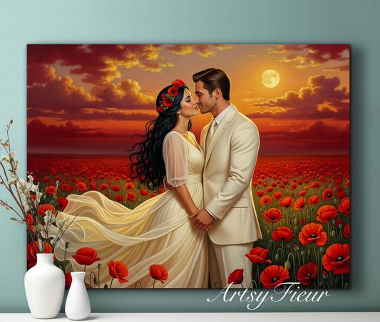 Framed canvas- whimsical full moon sunset bride and groom, wedding, poppy field, vibrant colours living room original artwork, fantasy oil painting wall art print
