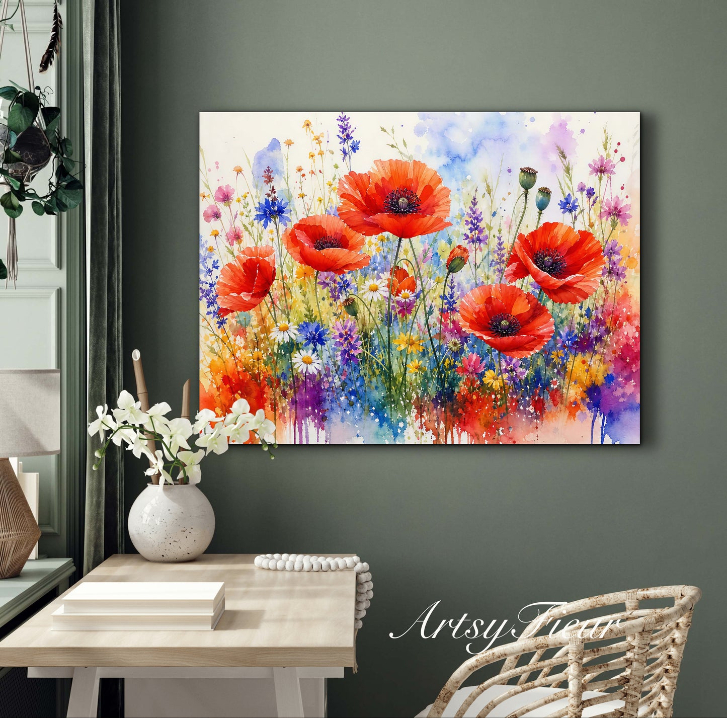 Framed canvas- ready to hand wall art print, beautiful vibrant colours watercolour fantasy painting poppy wildflowers ,floral landscape, unique gift, one of a kind original artwork