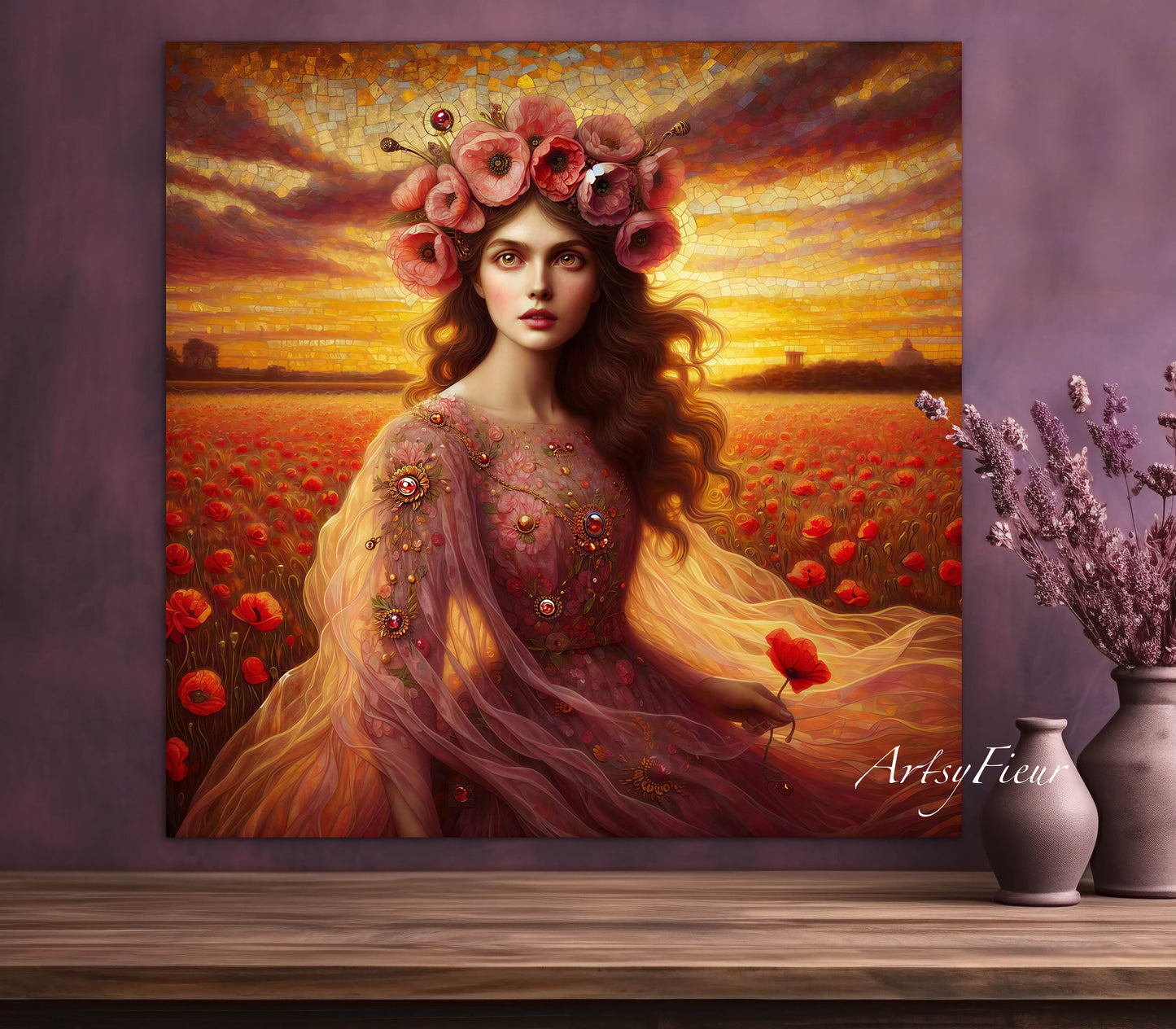 Framed canvas- Original Artwork Vibrant Poppies watercolour floral painting beautiful brunette woman ready to hang wall art print, abstract portrait