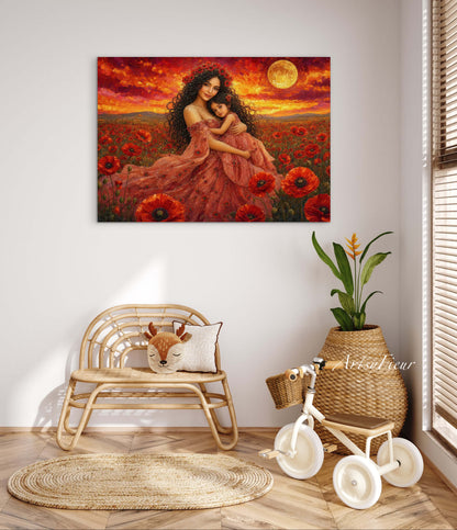 Framed Canvas- Vibrant Poppies Field Mother and Daughter Portrait Whimsical Full Moon Sunset Fantasy Oil Painting Wall Art Print