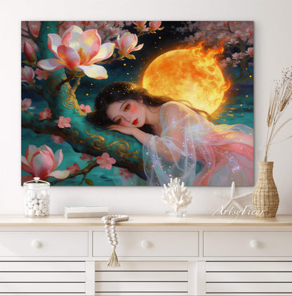 Framed Canvas- Vibrant Magnolia Flowers Beautiful Brunette Asian Woman’s Abstract Portrait Original Artwork Fantasy Wall Art Print