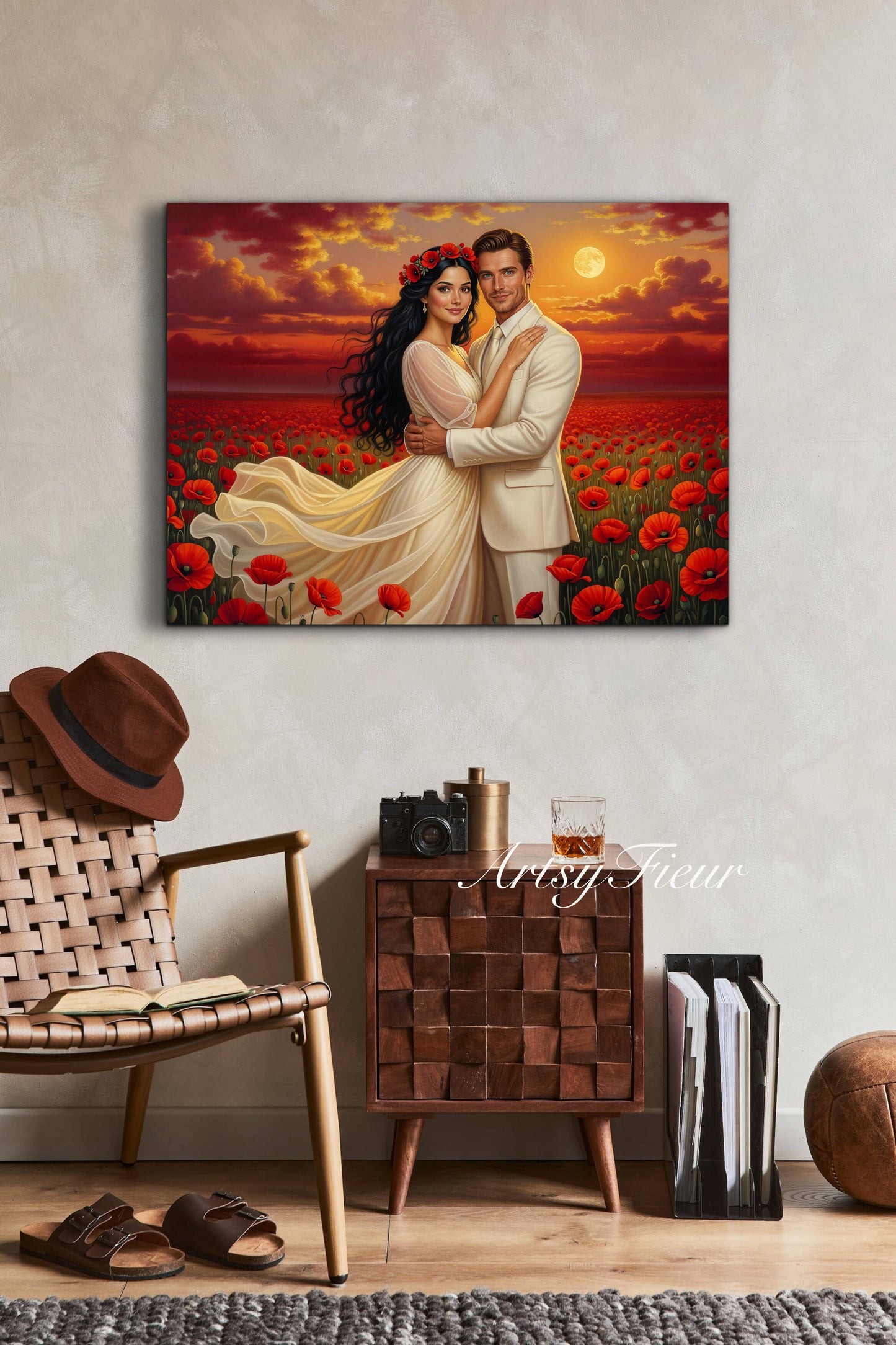 Framed canvas- whimsical full moon sunset bride and groom, wedding, poppy field, vibrant colours living room original artwork, fantasy oil painting wall art print