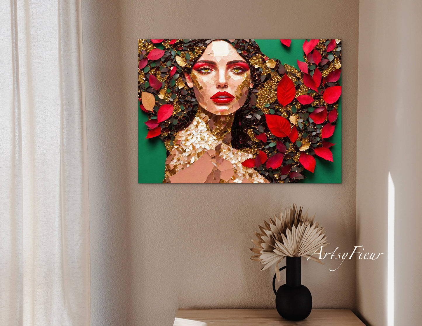 Framed Canvas- Vibrant Colours Beautiful Brunette Woman’s Abstract Portrait Mosaic Original Artwork Fantasy Wall Art Print