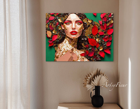 Framed Canvas- Vibrant Colours Beautiful Brunette Woman’s Abstract Portrait Mosaic Original Artwork Fantasy Wall Art Print