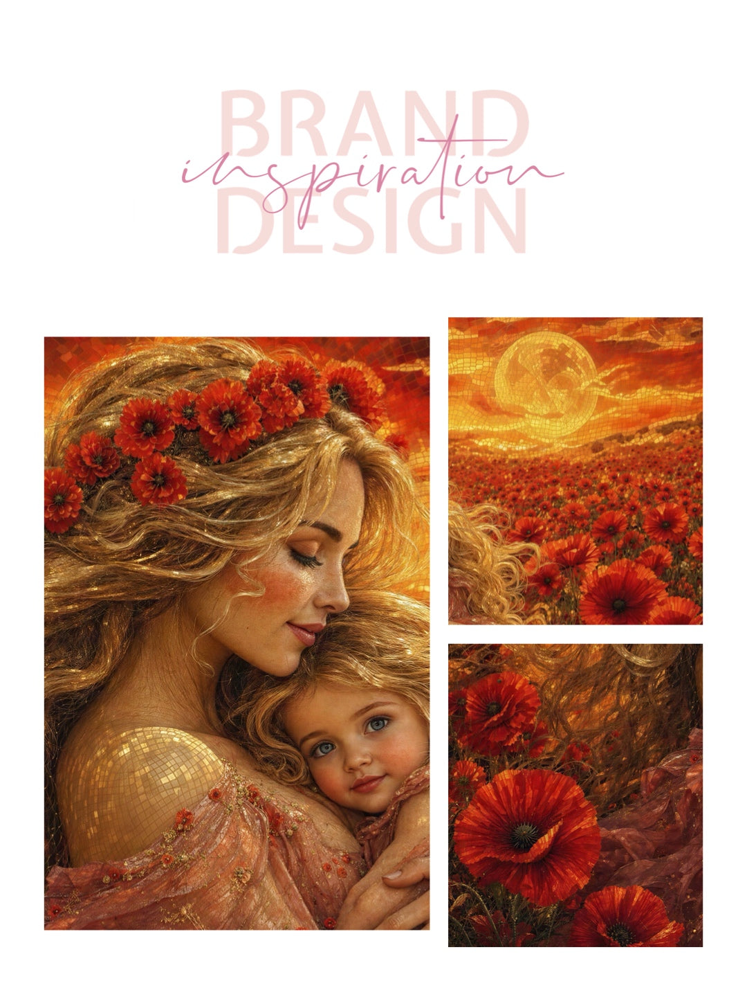 Framed Canvas- Vibrant Poppies Field Mother and Daughter Portrait Whimsical Full Moon Sunset Fantasy Oil Painting Wall Art Print