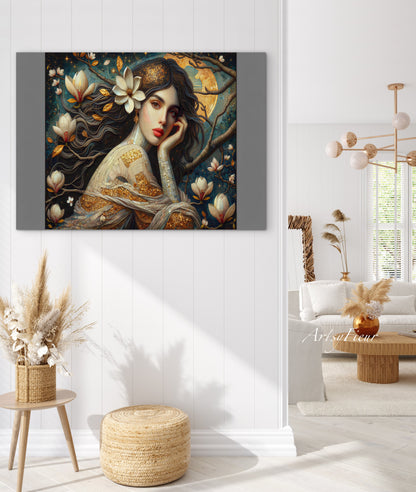 Framed Canvas- Vibrant Magnolia Flowers Beautiful Brunette Woman’s Abstract Portrait Mosaic Original Artwork Fantasy Wall Art Print