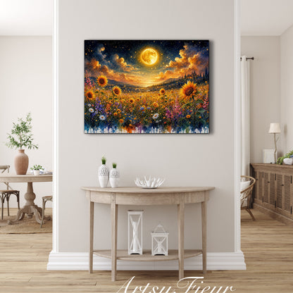 Framed Canvas- Beautiful Vibrant Colours Full Moon Floral Landscape, Wildflowers and Sunflowers Field under Night Sky Living Room Wall Art