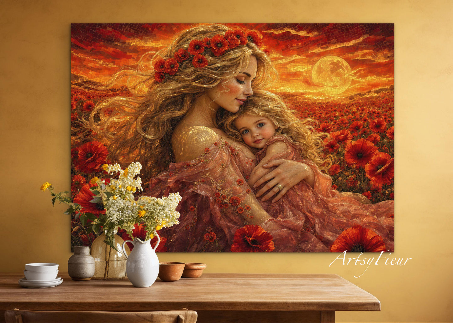 Framed Canvas- Vibrant Poppies Field Mother and Daughter Portrait Whimsical Full Moon Sunset Fantasy Oil Painting Wall Art Print