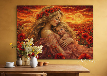 Framed Canvas- Vibrant Poppies Field Mother and Daughter Portrait Whimsical Full Moon Sunset Fantasy Oil Painting Wall Art Print