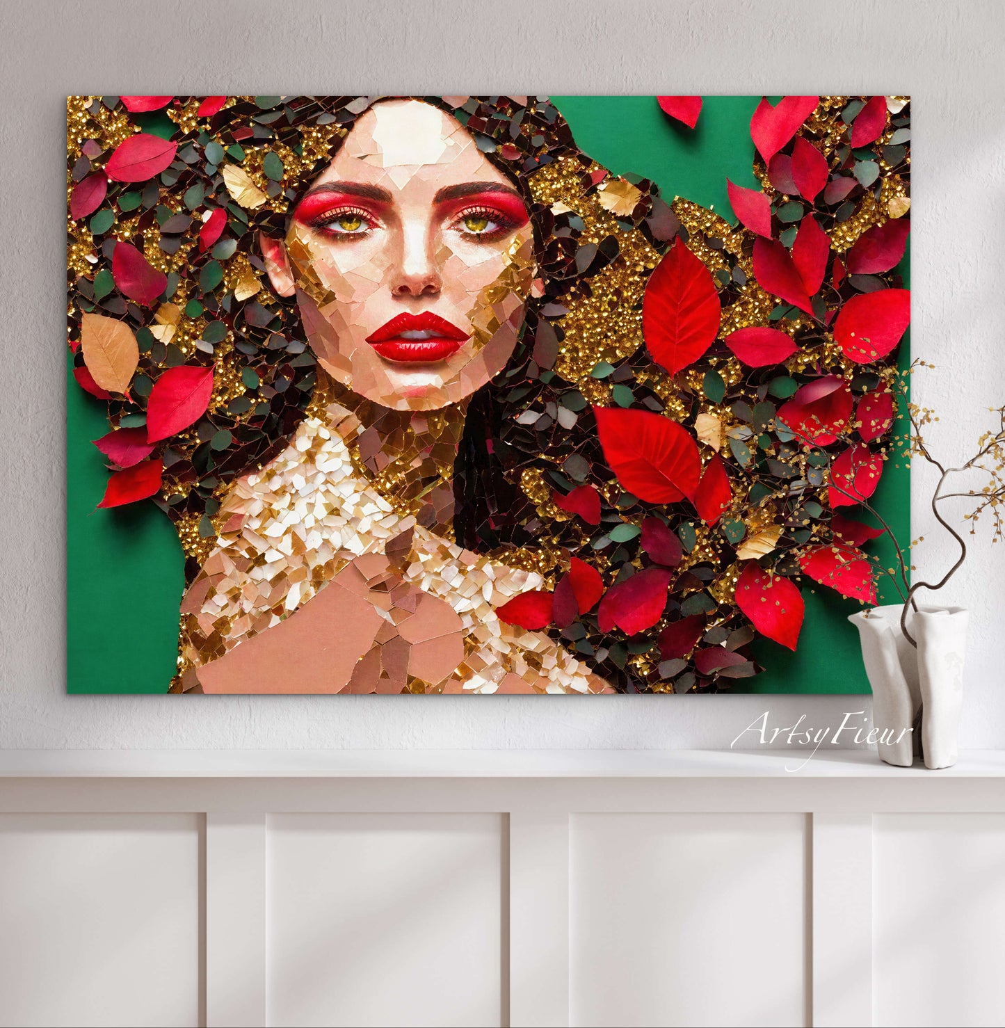 Framed Canvas- Vibrant Colours Beautiful Brunette Woman’s Abstract Portrait Mosaic Original Artwork Fantasy Wall Art Print