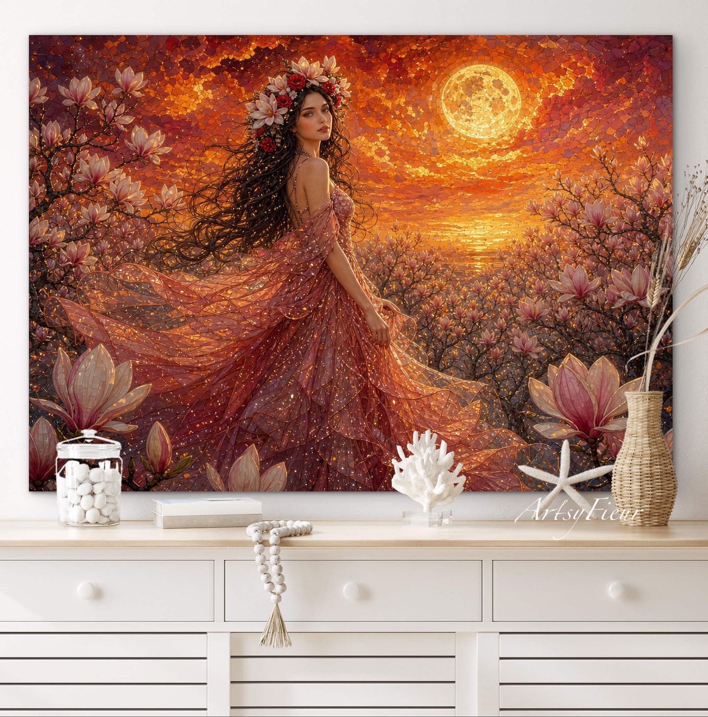 Framed Canvas- Vibrant Magnolia Flowers Beautiful Brunette Woman’s Abstract Portrait Mosaic Original Artwork Fantasy Wall Art Print