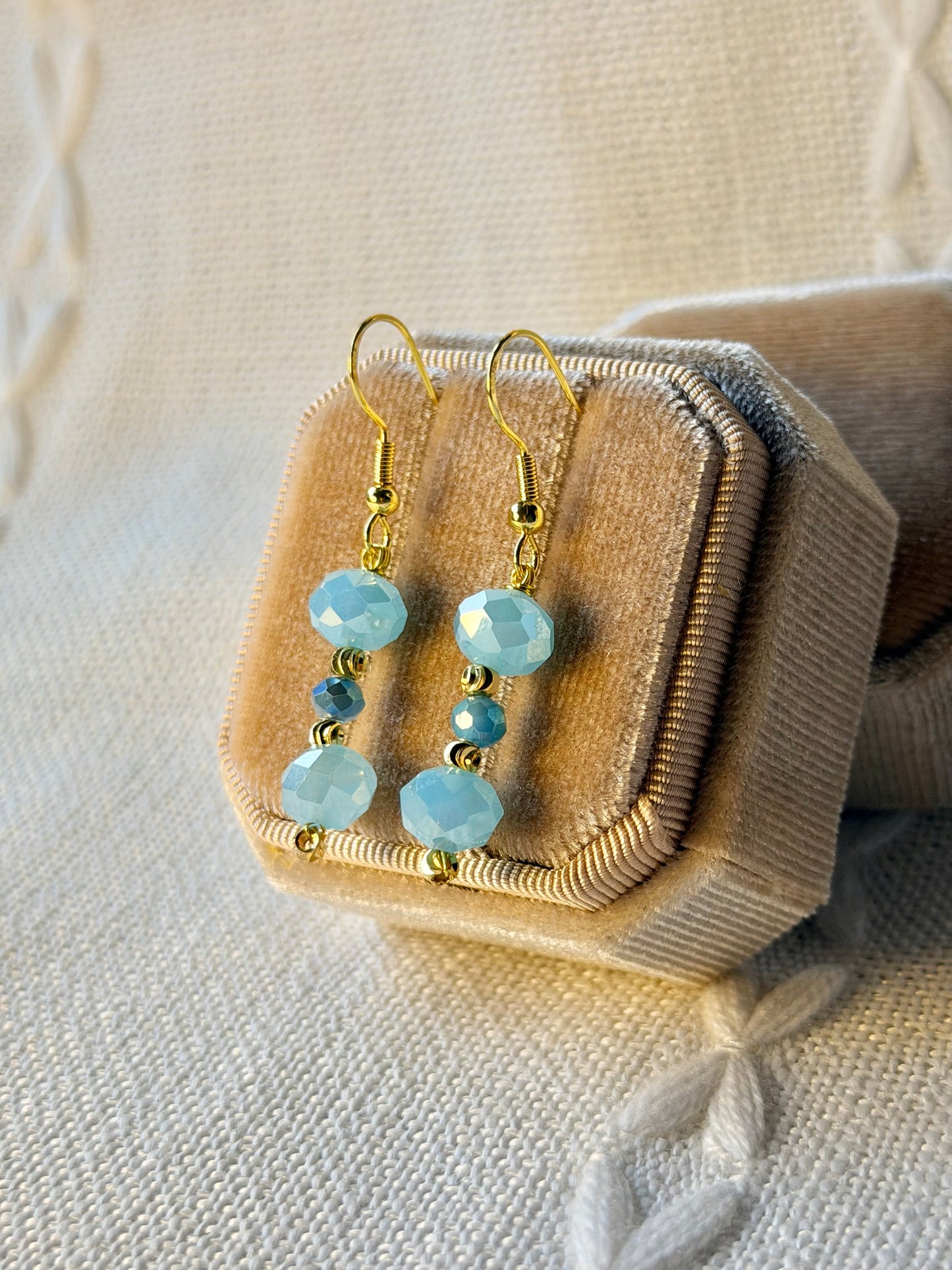Handmade Crystal Beaded Earrings Sky Blue Long Drop Dangling Earrings Hypoallergenic