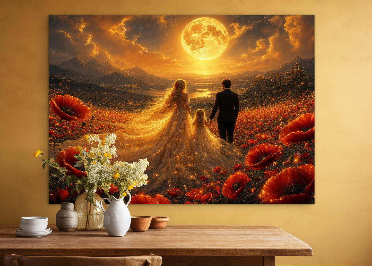 Framed Canvas Vibrant Poppies- Whimsical full moon fantasy oil painting Wedding celebration mother and daughter beautiful family portrait Original wall art print