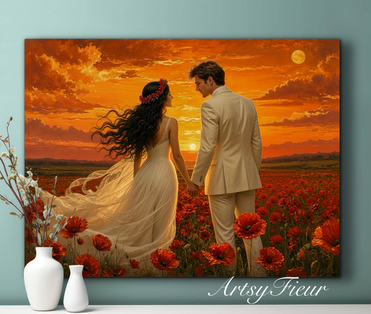 Framed canvas- whimsical full moon sunset bride and groom, wedding, poppy field, vibrant colours living room original artwork, fantasy oil painting wall art print