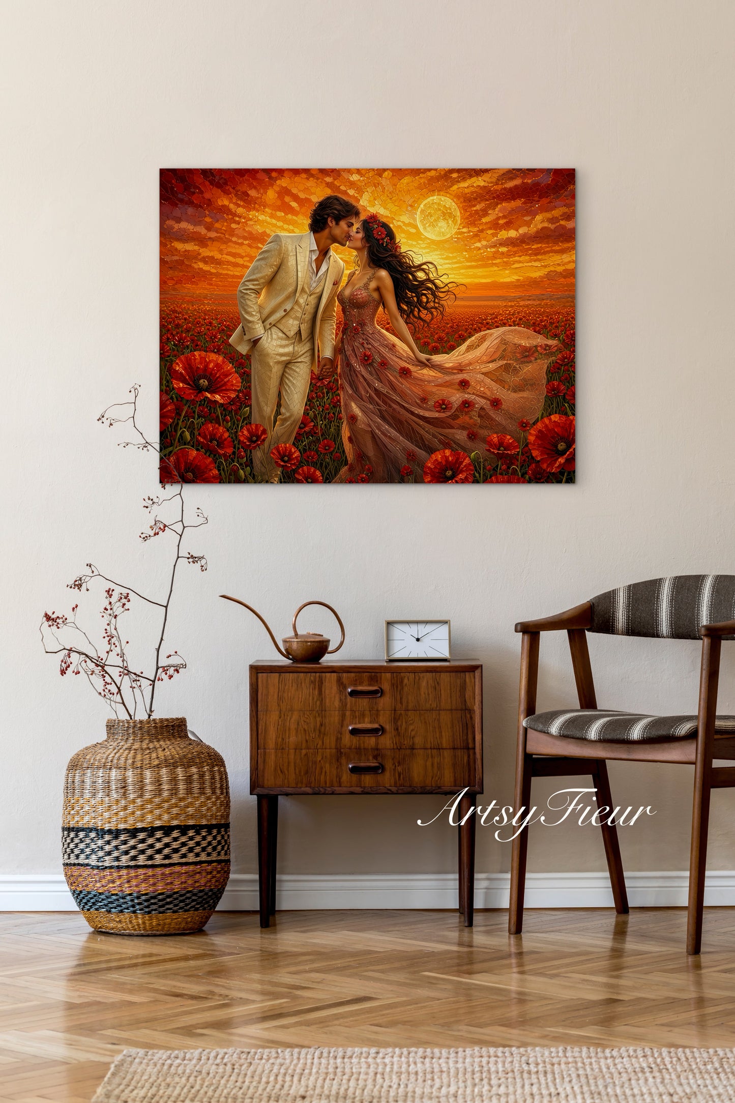 Framed canvas- whimsical full moon sunset bride and groom, wedding, poppy field, vibrant colours living room original artwork, fantasy oil painting wall art print