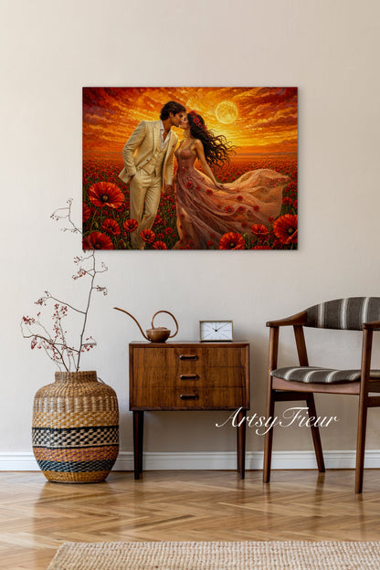 Framed canvas- whimsical full moon sunset bride and groom, wedding, poppy field, vibrant colours living room original artwork, fantasy oil painting wall art print