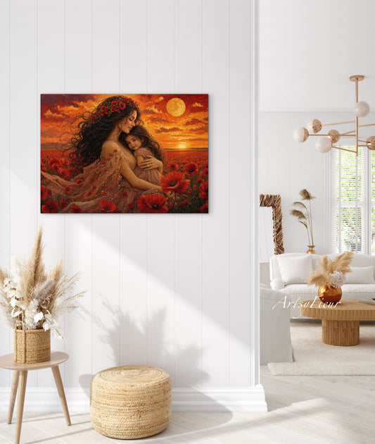 Framed Canvas- Vibrant Poppies Field Mother and Daughter Portrait Whimsical Full Moon Sunset Fantasy Oil Painting Wall Art Print