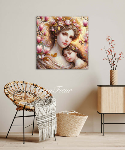Framed canvas- ready to hang wall art print, abstract mother and daughter portrait Mosaic