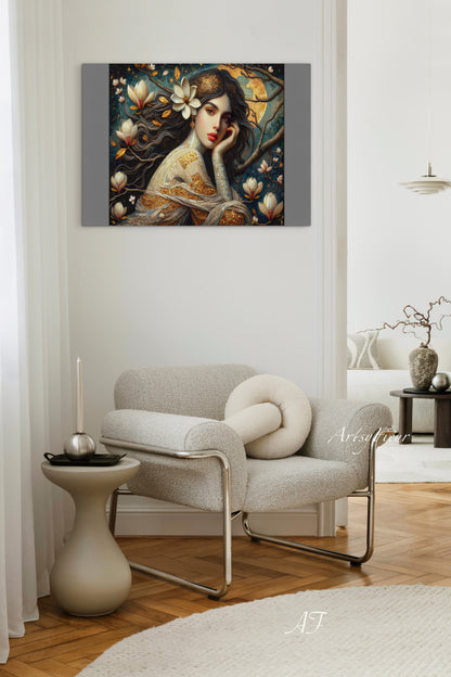 Framed Canvas- Vibrant Magnolia Flowers Beautiful Brunette Woman’s Abstract Portrait Mosaic Original Artwork Fantasy Wall Art Print