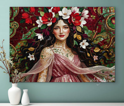 Framed Canvas- Vibrant Magnolia Flowers Beautiful Brunette Woman’s Abstract Portrait Mosaic Original Artwork Fantasy Wall Art Print Mother Nature