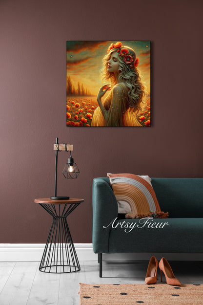Framed canvas- Original Artwork Vibrant Poppies watercolour floral painting beautiful blondewoman ready to hang wall art print, abstract portrait colourful painting for living room