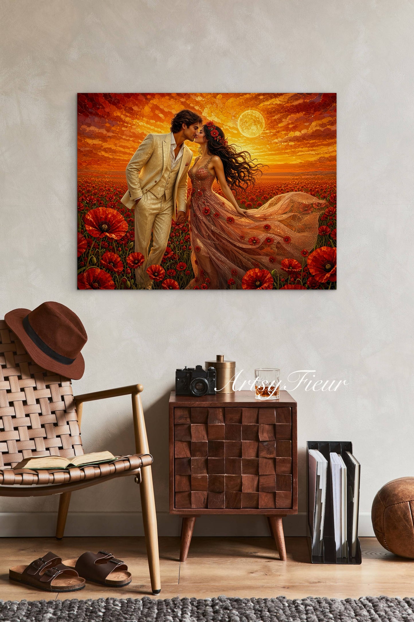 Framed canvas- whimsical full moon sunset bride and groom, wedding, poppy field, vibrant colours living room original artwork, fantasy oil painting wall art print