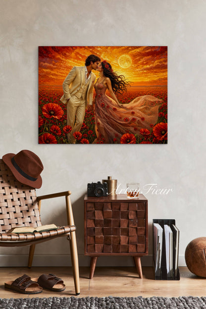 Framed canvas- whimsical full moon sunset bride and groom, wedding, poppy field, vibrant colours living room original artwork, fantasy oil painting wall art print